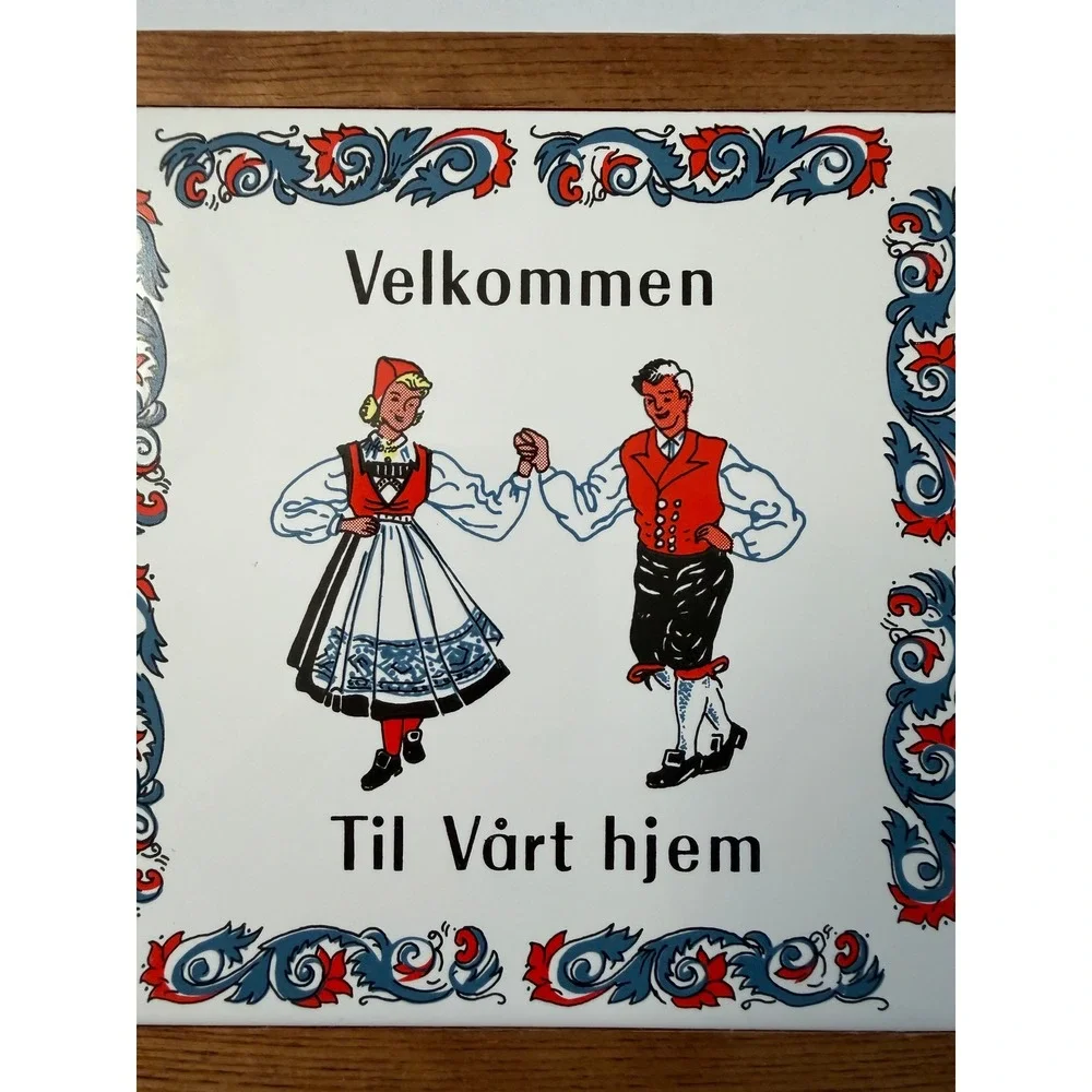 VTG  Norwegian Welcome Tile Wall Plaque Trivet  7x7 White Blue Red Folk Art